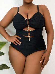 Slaydiva Plus Size Women's High Elastic Solid Color Special Fabric Slim Hollow Beach Pool Detachable Shoulder Straps Casual Sexy One-Piece Swimsuit For Summer Beach Vacation - Multicolor - View 3