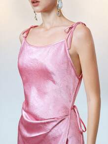 Arave Elegant French Casual Wrinkle Satin Bowknot Waist Slim Fit Mid-Calf Party Dress For Women, Spring/Summer - Pink - View 3