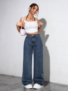 SHEIN ICON 女士口袋阔腿宽松休闲百搭牛仔裤