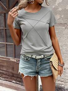 SHEIN LUNE Solid Round Neck Round Neck Short Sleeve Tee