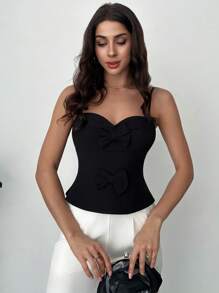 SHEIN Privé Women's Spring And Summer Elegant Romantic Fashion Commuter Sexy Fashion Office Black Tight Tops, Vacation Wear, Romantic Dating And Wedding Birthday Women's Clothes, Easter Women's Clothes, Banquet Women's Clothes, Music Festivals