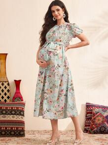 SHEIN Maternity Dress With Puff Sleeves, Tie-Front & Floral Print