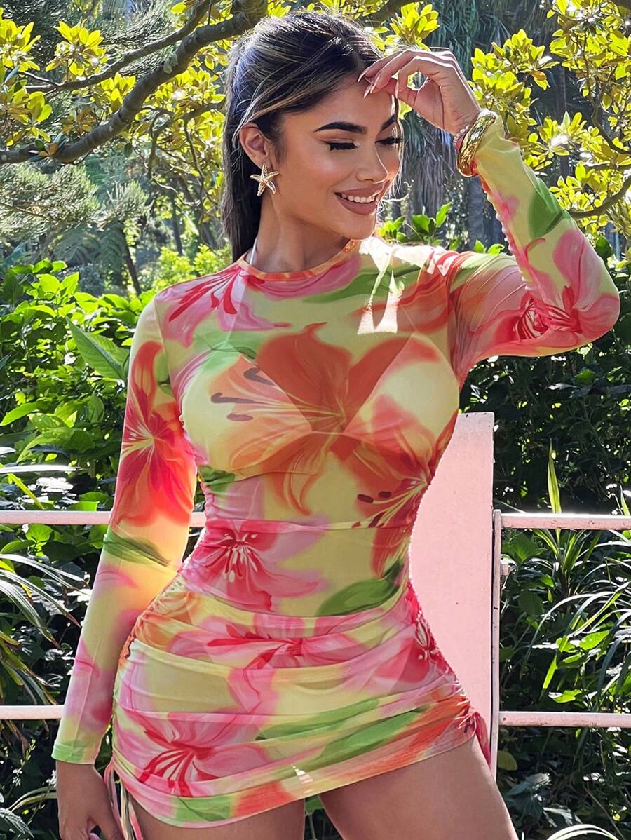 SHEIN SXY Women's Fashion Floral Print Sheer Mesh Side Drawstring Cinched Waist Mini Dress, Suitable For Vacation, Vacation Outfits Woman, Summer Outfits For Women, Beach Outfits For Woman, Floral Dress Women, Valentine's Day, Vacation Outfits Woman, Summer Outfits For Women, Beach Outfits For Woman, Going Out , Valentines Dress