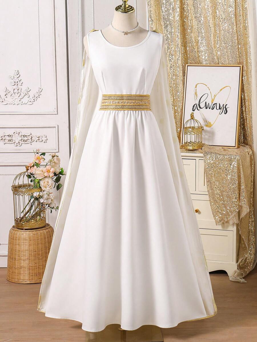 Vestido con cinta de contraste en la cintura - Blanco - Ver 1