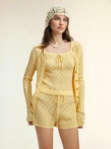 SHEIN LUNE 3pcs/Set Women's Bright Yellow Knitted Camisole, Casual Commute & Vacation Sweet Style, Spring/Summer - Yellow - View 3