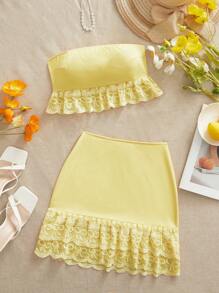 SHEIN VCAY 2pcs/Set Women Vacation Fitted Cropped Contrast Lace Bandeau Top & High Waist Mini Skirt Outfit, Spring/Summer