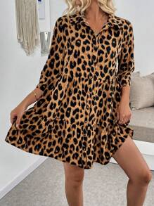 Breezaya 女士乡村风米色豹纹翻领纽扣式 3/4 袖连衣裙 - 卡其色 - 查看 5