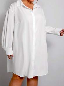 SHEIN CURVE+ Plus Size White Shirt Style Work Dress For Women, Spring - White - View 3