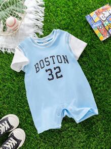 SHEIN Baby Boy/Girl Casual Sports Loose Letter Print Colorblock Knitted Rompers, Suitable For Spring & Summer Indoor/Outdoor Wear - Blue - View 6