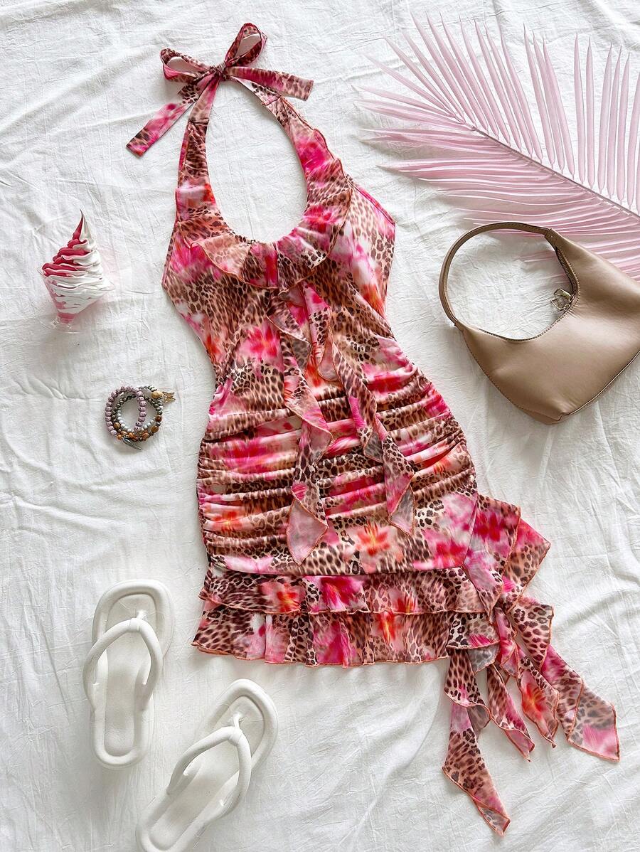 Soleia Women's Summer Vacation Dress, Pink Ruffle Halter Mini Dress, Beach Resort Dress,Vacation Outfits Woman - Multicolor - View 1