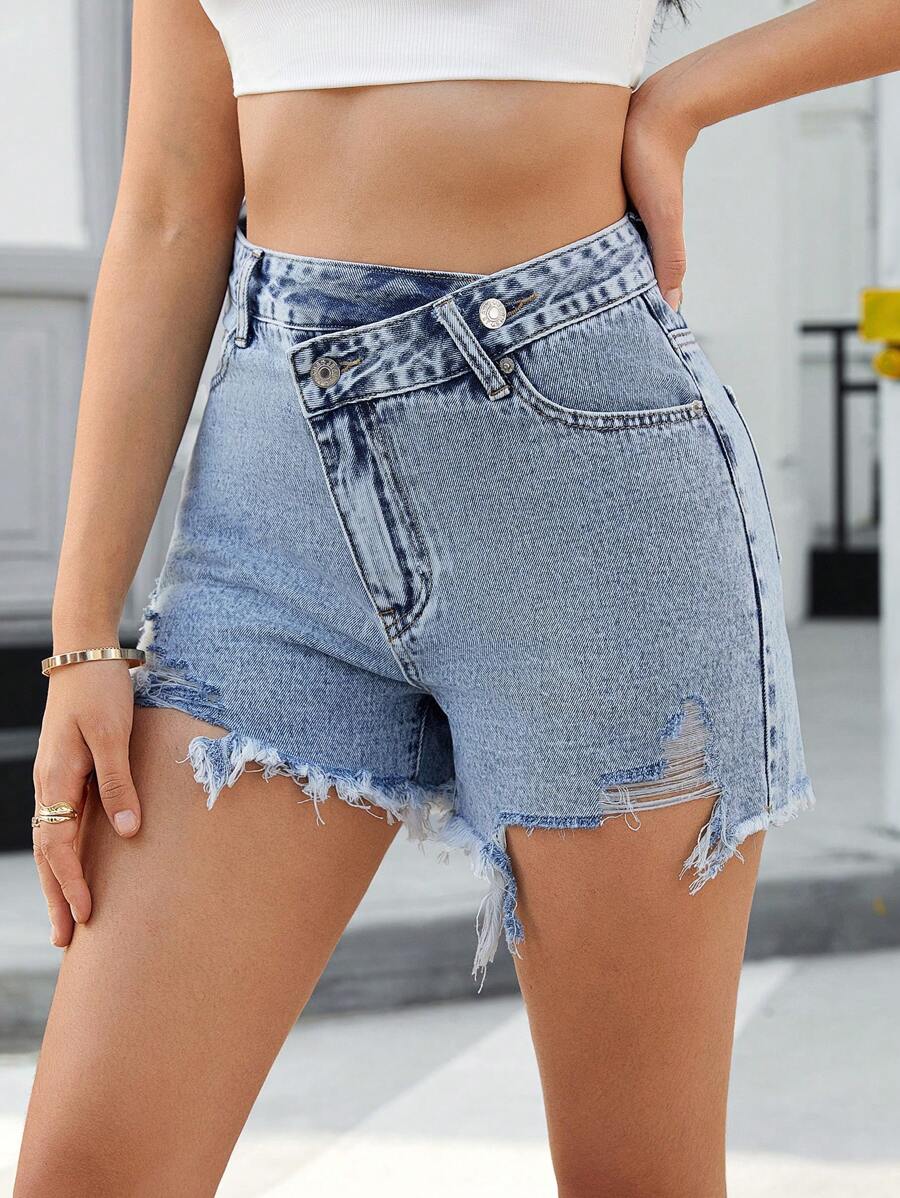 SHEIN Essnce Women's Washed Hole Asymmetric Waist Denim Shorts