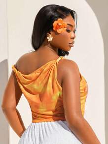 SHEIN SXY Plus Size Women's Spring And Summer Asymmetrical Shoulder Short Style Blooming Large Flower Print,Suitable For Early Spring, Spring And Summer, Rainforest, Beach Party, Seaside Vacation, Bonfire Party, Cool And Light, Slim Fit, Comfortable To Wear,Easy To Match&Looks Slim,Accent Your Body,Flatter The Figure