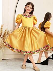 Tween Girls Vacation Bubble Short Sleeve Dress With V-Back Neckline - Yellow - View 5