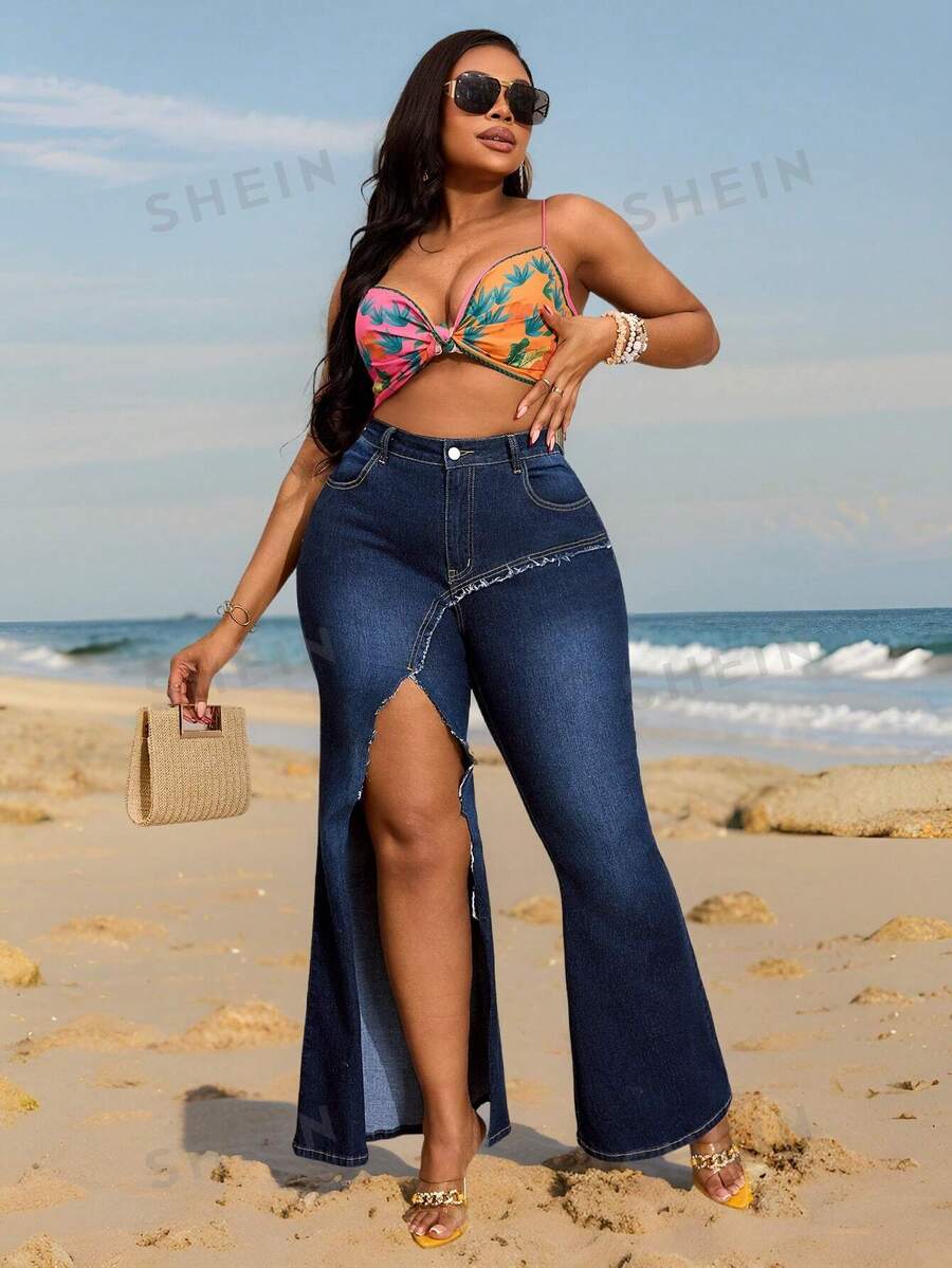 Slaydiva Pantalones acampanados de mezclilla simples casuales con bolsillo delantero y abertura, talla grande - Azul lavado oscuro - Ver 1