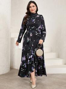 Veilorie Plus Size Women's Floral Print Stand Collar Long Sleeves Stitching Ruffles Elegant Dress