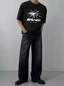 DAZY Men's Summer Geometric Pattern Letter Print Black T-Shirt - Black - View 4