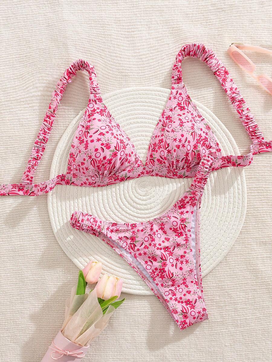 Swim Mod 2pcs Ruffle Ditsy Floral Pattern Sexy Bikini Suit, Women Vacationing/Party Swimwear Halter Top And Bottom Set For Summer