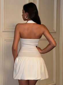 SHEIN Cottnline TIE-UP NECK SLEEVELESS BALOON SKIRT Simple Fashion Casual Daily - White - View 2