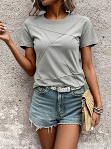 SHEIN LUNE Solid Round Neck Round Neck Short Sleeve Tee