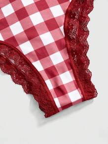 ROMWE Kawaii Plus Size Pastoral Style Sweet Girl Cherry Plaid Lace Stitching Triangle Underwear 3-Piece Combination - Multicolor - View 3