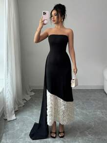 Elenzga 1pc Fitted Knit Dress With Colorblock And 3D Cut-Out Rose Pattern, Bustier Style - Black - View 3