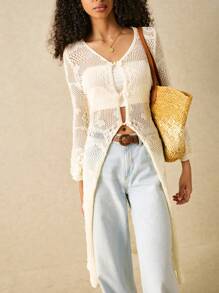 Poéselle Chinese Style Hollow Out Knitted Mid-Length Cardigan - Apricot - View 3