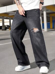 Manfinity Homme Men's Straight Loose Distressed Pocket Jeans - Black - View 5