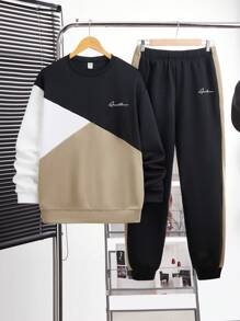 SHEIN Bộ 2 quần nỉ cổ tròn in chữ hình học màu sắc giải trí dành cho bé trai tuổi teen, rộng rãi, thoải mái, ấm áp, thích hợp đi học, ngoài trời, chơi thể thao vào mùa thu và mùa đông - Màu Khaki - Xem 8