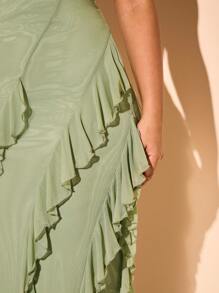 SHEIN BAE Spring Summer Clothes Plus-Size Women's Summer Elegant Tight-Fitting Mesh Elastic Asymmetrical Design Ruffle Suspender Backless Strap Long Dress - Mint Green - View 7