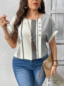 EMERY ROSE Plus Size Women Retro Casual Asymmetrical Striped Patchwork Print Wood Button Decor Shirt - White - View 1