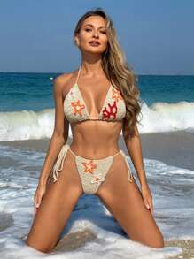 SHEIN Swim 女士罩杯文胸和罩杯三角裤套装简约时尚休闲日常、夏季海滩度假 - 杏色 - 查看 5