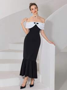 Modelyn A Celebrity Black And White  Bowknot  Fish Tail Dress Women's Long Dress Simple Fashion Casual Daily