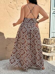 SHEIN VCAY Plus Size Floral Print Spaghetti Strap Backless Dress,Brown Summer Boho Vacation Wedding Guest Holiday Outfits,Western Tropical Beach Tea Party Dress - Multicolor - View 3