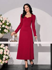 Modelyn 女士纯色甜心领口设计泡泡袖 A 字形连衣裙 - 紅色 - 查看 4