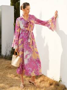 SHEIN Privé Đầm nữ họa tiết hoa kẻ caro họa tiết Paisley, tay áo trumpet, nhiều lớp, thiết kế xếp nếp, thanh lịch và sang trọng - Nhiều màu - Xem 5