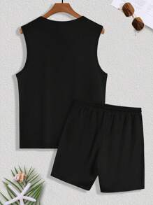 Manfinity RSRT 2pcs/Set Men's Vacation Casual Coconut Tree Printed Tank Top And Shorts Set, Men Summer Outfits - Black - View 2