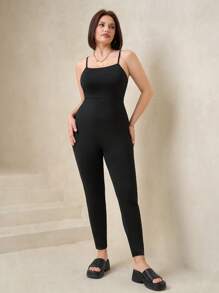 SHEIN Clasi Mono tipo jumper con corte en la espalda, tirantes de espagueti y elástico, para mujer de talla grande, atuendo elegante para el día a día, primavera/verano - Negro - Ver 6