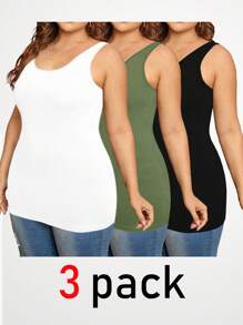 SHEIN Essnce 大码女式四季时尚休闲舒适基本款上衣绿色、黑色和白色 3 件装，秋季女式背心，夏季女式