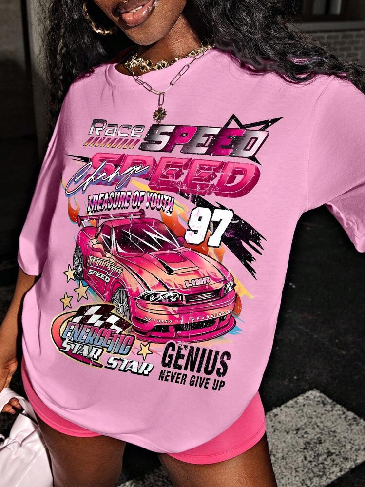 INAWLY 大码女式宽松汽车图案印花粉色 T 恤，夏季可爱上衣 - 粉色 - 查看 4
