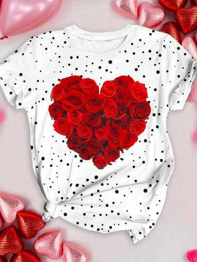 SHEIN LUNE Plus Size Women's Casual Floral Heart Pattern T-Shirt, Romantic Red Rose Print Tee For Valentine Gift, For Summer