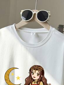 青少年女孩月亮和星星图案灯笼 T 恤和针织喇叭裤 2 件套，适合节日