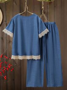 Lacomfia Ensemble 2 pièces de Top à manches courtes et pantalon long en couleur unie et patchwork, grande taille - Bleu gris - Voir 2
