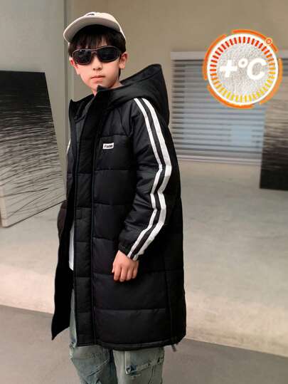 SHEIN Manteau d'hiver parka à capuche matelassé en patchwork pour garçons enfants et préadolescents, épais et chaud, long, coupe-vent et matelassé, adapté pour les déplacements, l'école, le quotidien, les voyages, les sports, toutes saisons, printemps/été/automne/hiver
