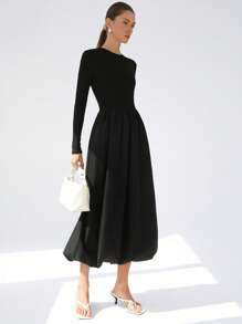 Aveloria Modichic Black Fashion Elegant Minimalist Design Versatile New Mixed Material Round Neck Cinched Waist Puff Hem Splicing Long Sleeve Dress For Women