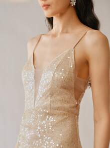 Uhlyne Women's Deep V-Neck Sequin Cami Backless Split Hem Elegant Dress