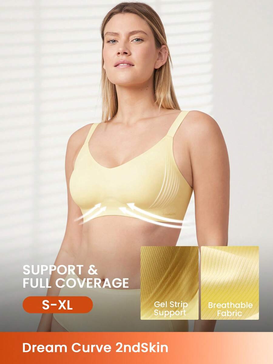 LUVLETTE Dream Curve 2ndSkin Full Coverage Wireless Seamless Breathable Side Support Lounge Sports Workout Lingerie As Outerwear Bra Butter Yellow Sticky SizeFreedom Baisc Bra No Show Underwear
