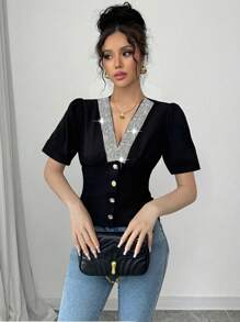 Calvaya Women's Sequin Patchwork V-Neck Elegant Blouse