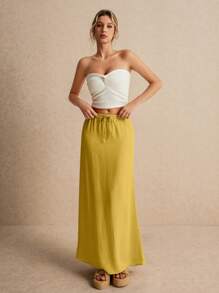 Poéselle Váy nữ, váy Maxi dài chấm đất, buộc eo, váy dễ thương, váy cạp trễ - Màu vàng - Xem 3