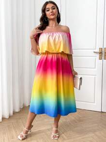 SHEIN Clasi Vestido elegante con hombros descubiertos, volantes y degradado para mujer talla grande - Multicolor - Ver 1