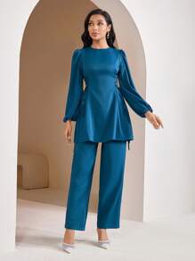Veilorie 女士阿拉伯风格休闲装 - 简约时尚上衣和裤子套装，适合日常穿着，端庄 - 水鴨藍 - 查看 7